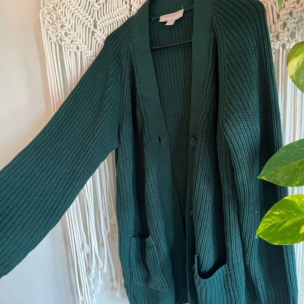 Woman Within Teal Cardigan Sweater